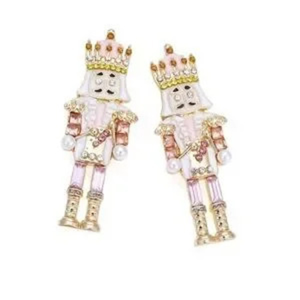 Pink Nutcracker Earrings - Holiday Statement Jewelry with Crystals & Pearls - Picture 6 of 8